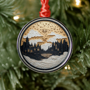 Metálico Adorno de Aldea Invernal Negro y Dorado Elegante