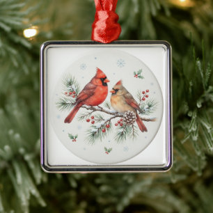 Metálico Adorno de Cardenales de Navidad en Acuarela