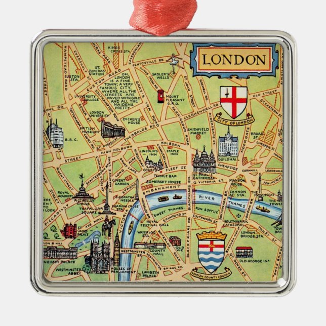 Metálico Adorno de Mapa Antiguo de Londres (Frente)