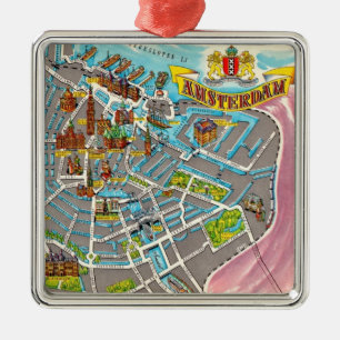 Metálico Adorno de Mapa Ilustrado de Amsterdam Antiguo