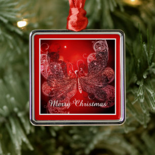 Metálico Adorno de metal de mariposa de Navidad roja y blan