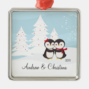 Metálico Adorno de Navidad de Pareja de Pingüinos Lindos