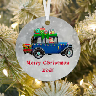 Metálico Adorno de Navidad de Santa en Coche Azul para Niño