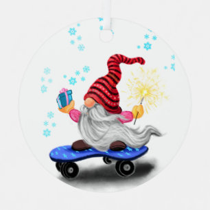 Metálico Adorno de Navidad Gnomo Patinador con Regalos
