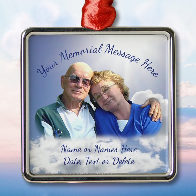 Metálico Foto Navidades personalizados en un adorno celesti (Memorial Christmas Ornaments for Dad. Memorial christmas ornament with picture, of parents, mom, dad)