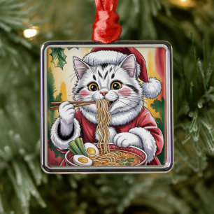 Metálico Gato de Navidad Comiendo Ramen Adorno Festivo