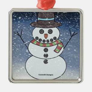Metálico Muñeco de nieve con fondo - Adorno Premium