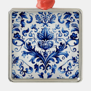 Metálico Patrón de adorno floral de estilo Delft azul y bla
