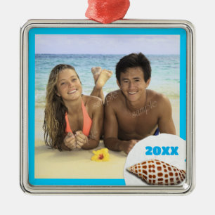 Metálico Primer adorno de foto navideño con tema de playa