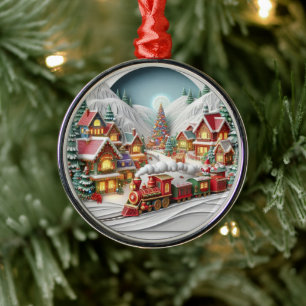 Metálico Pueblo navideño caprichoso con adorno de tren