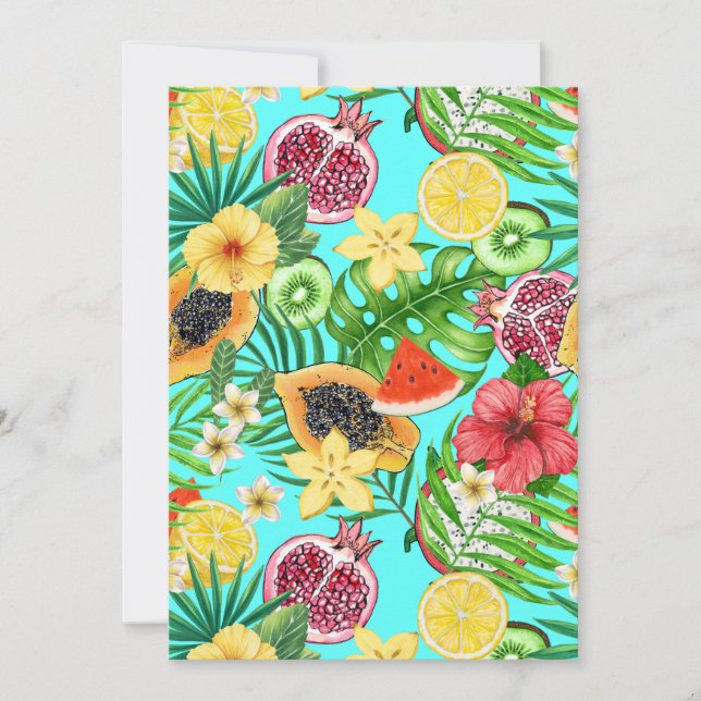 Mezcla tropical de frutas, flores y hojas sobre az (Anverso)