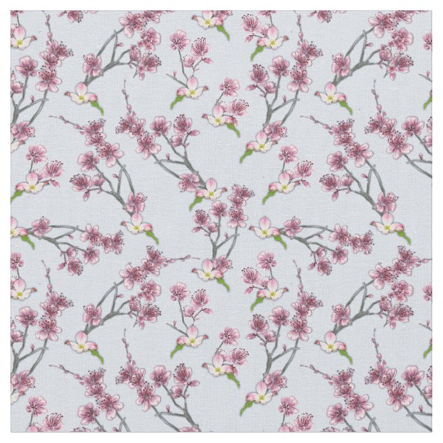 Mezclar flores gráficas rosas y verdes en tela azu (De cerca)