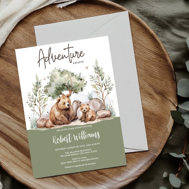 Mi aventura de oso espera la invitación a la ducha (Adventure awaits cute mother and baby bear sage green forest baby shower invitation, woodland )