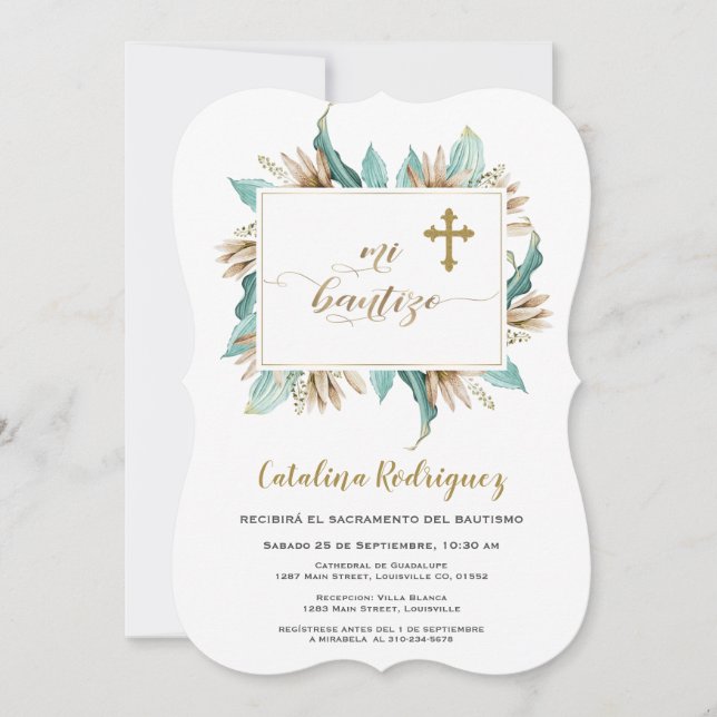 Mi Bautizo Invitacion Marfil Mint Bautismo Floral (Anverso)