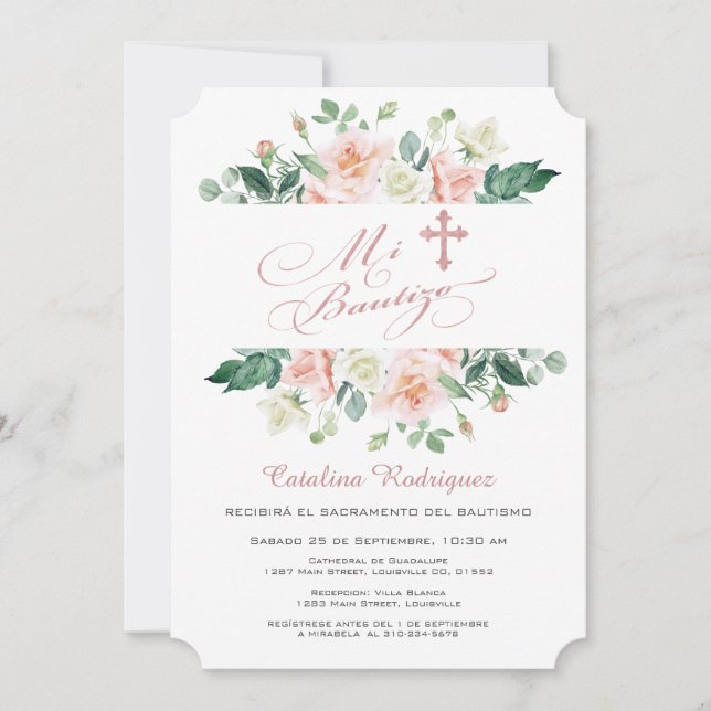 Mi Bautizo Invitación Rubor Bautismo Floral Blanco (Anverso)