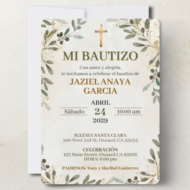 Mi Bautizo para Niño o Niña Invitación ( Mi Bautizo invitation for boy or girl with neutral botanical design and Catholic baptism details)