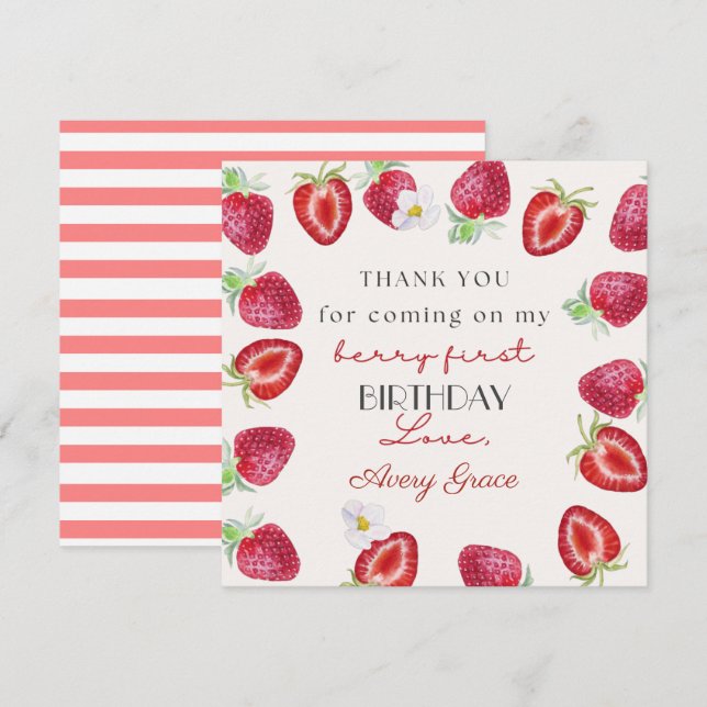 Mi Berry Primer Cumpleaños Cute Strawberry Gracias (Anverso / Reverso)