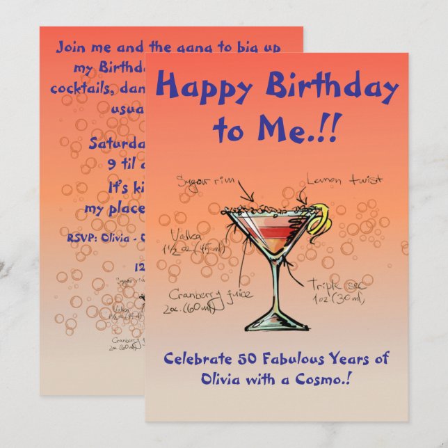 Mi invitación a la fiesta de cumpleaños cosmopolit (Anverso / Reverso)