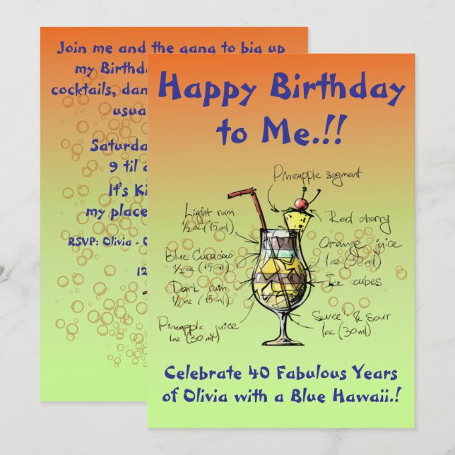 Mi invitación de fiesta de cumpleaños en Hawaii az (Anverso / Reverso)