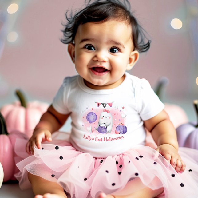 Mi primer Halloween Nombre Bebé Rosa Traje de Body (My first Halloween baby girl bodysuit)