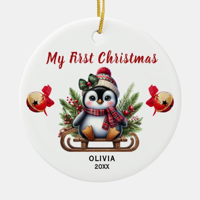 Mi primer ornamento de cerámica pingüino de Navida (Frente)