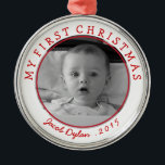 Mi primer ornamento de foto navideña Keepsake<br><div class="desc">Personalizar esta foto y texto con tu propio mensaje para la ocasión. Un gran placer para la primera navidad del bebé; Haga clic en "Personalizar" para cambiar fuentes,  colores y tamaños. El texto permanecerá en arco circular. (Foto de Becky Nimoy)</div>