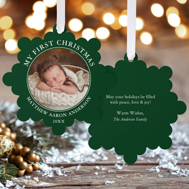 Mi primera tarjeta de ornamento verde de foto de N (A greeting card that is also an ornament! Customize with your photo and personalized text.)