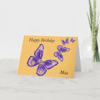 Mia, tarjeta de mariposa púrpura Feliz cumpleaños