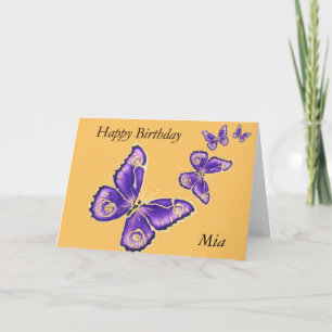 Mia, tarjeta de mariposa púrpura Feliz cumpleaños