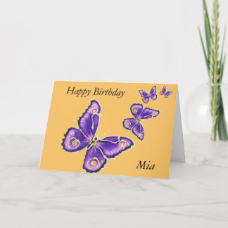 Mia, tarjeta de mariposa púrpura Feliz cumpleaños