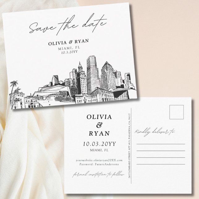 Miami salva la postal de fecha para los Bodas de F (Miami Save the Date Postcard for Florida Weddings)