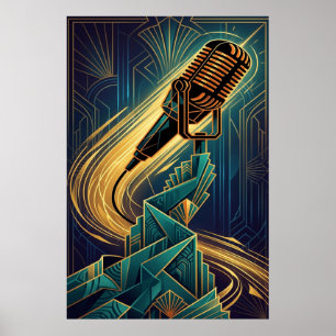 Micrófono de Arte Deco Antiguo Música Dorado y Tur