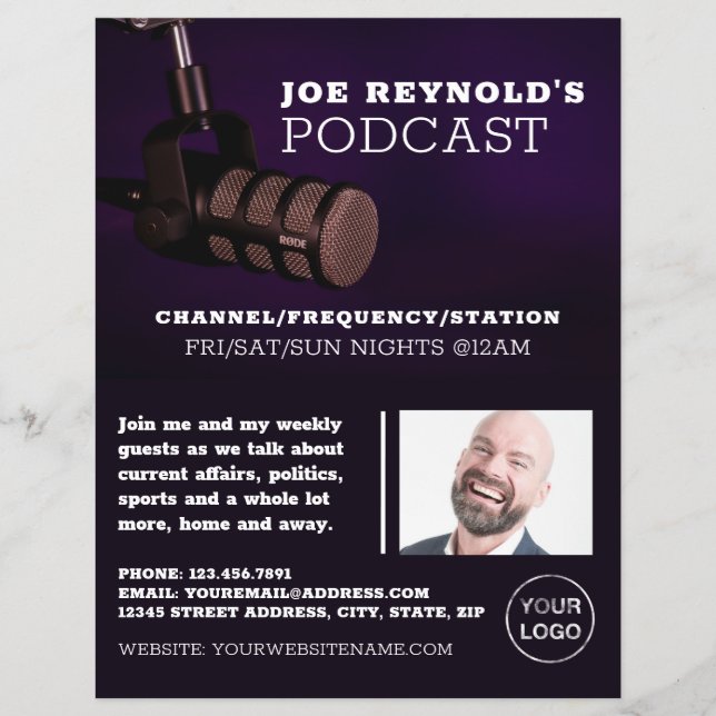 Micrófono elegante, Podcaster, publicidad de podca (Frente)