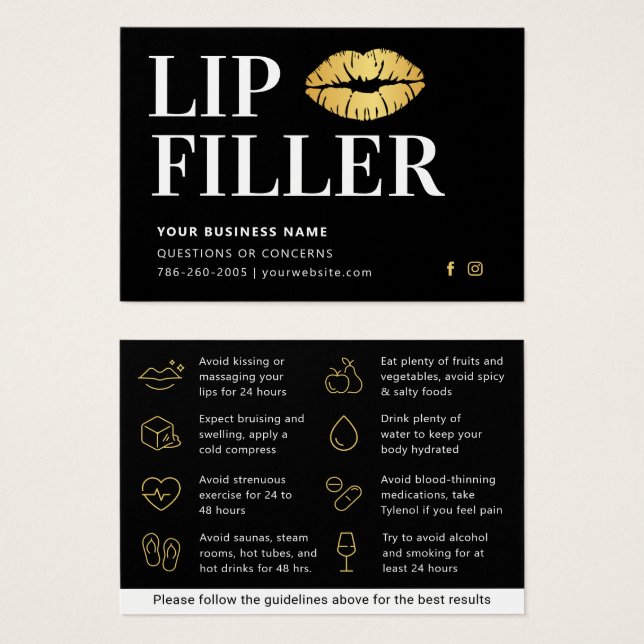 Mighty  Black & Gold Lip Filler Aftercare Card (Anverso y reverso)