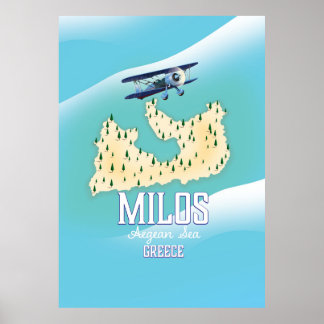Milos, arte de afiches de viaje en el mapa de la i