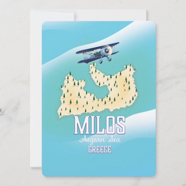 Milos, isla griega Mapa arte de póster de viaje. (Anverso)