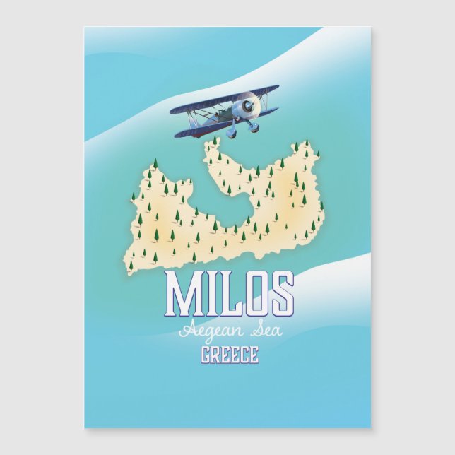 Milos, isla griega Mapa arte de póster de viaje. (Anverso)