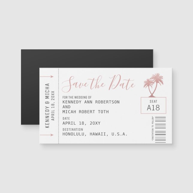Mini Avión Rosa Ticket Beach Wedding Magnet (Anverso/Reverso)