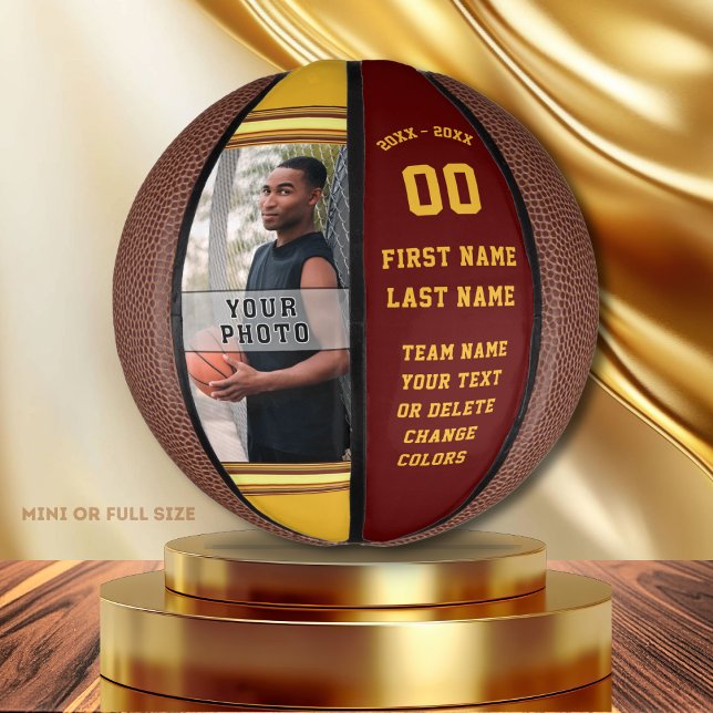 Mini Balón De Baloncesto Baloncesto Regalos Nocturnos Senior, Mini Balonces (Custom mini basketball with photo. Maroon and Gold Basketball. Personalized Basketball team gifts.)