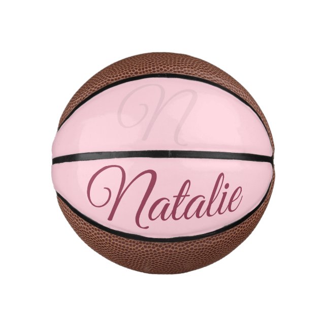 Mini Balón De Baloncesto Color sólido rosa pastel monogramado (Anverso)