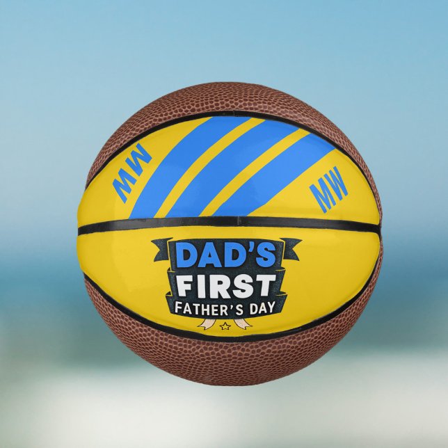 Mini Balón De Baloncesto El primer Día del Padre, azul amarillo (A fun keepsake for the Dad celebrating his first Father's Day - add his initials!)