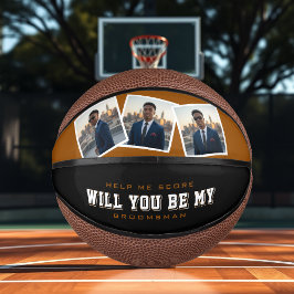 Mini Balón De Baloncesto Groomsman Proposal 3 Photo Brown & Black