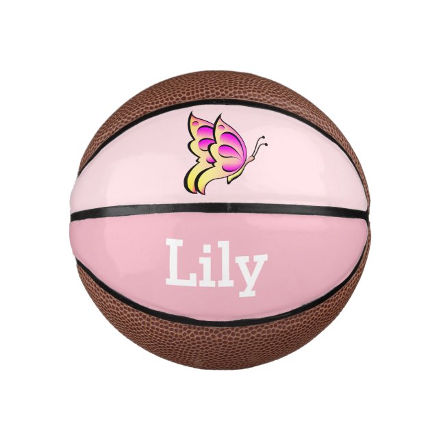 Mini Balón De Baloncesto mariposa rosa - añadir nombre (Anverso)