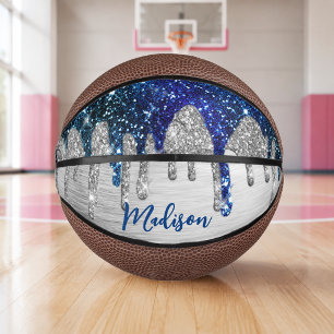 Mini Balón De Baloncesto Monograma moderna y linda con gotas de brillo azul