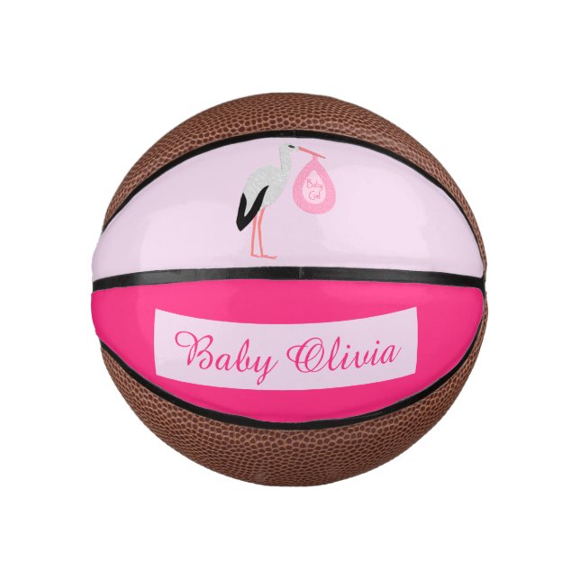 Mini Balón De Baloncesto Personalizado de cigüeñas bebé rosada bonito (Anverso)