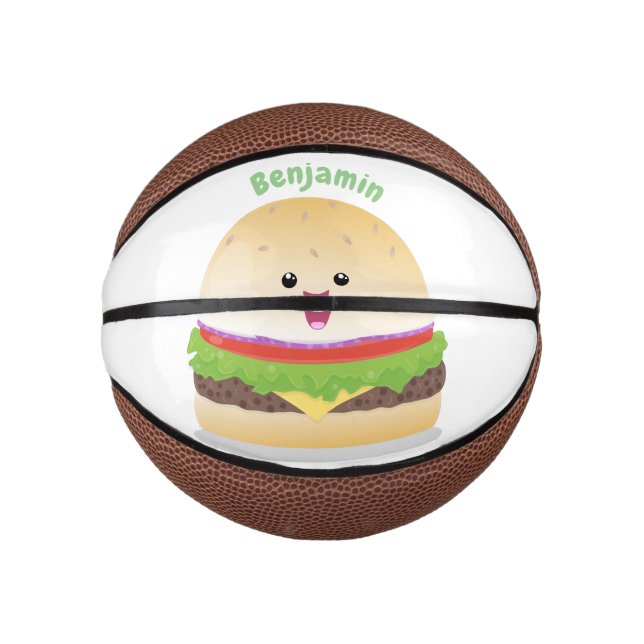 Mini Balón De Baloncesto Personalizado de hamburguesa kawaii feliz (Anverso)