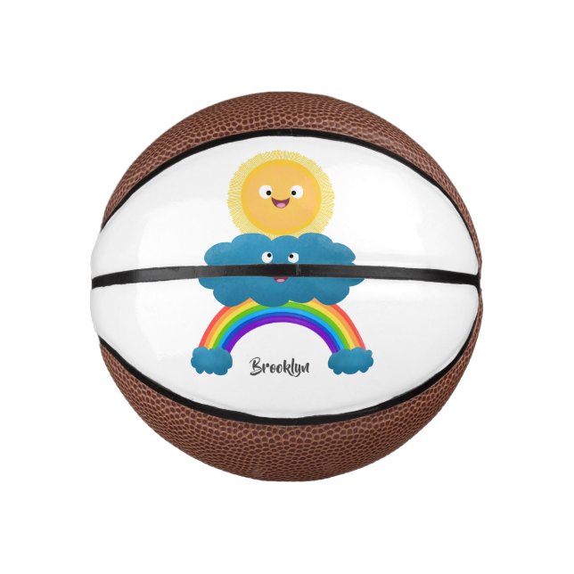 Mini Balón De Baloncesto Personalizado del arco iris de la nube de sol feli (Anverso)
