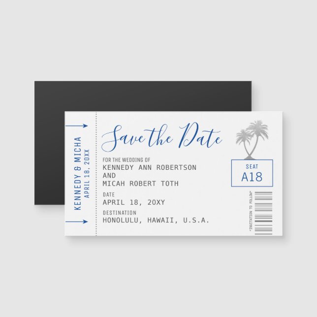 Mini Blue Plane Ticket Beach Save the Date Magnet (Anverso/Reverso)