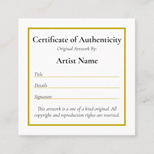 Mini certificado de autenticidad de arte personali (Anverso)