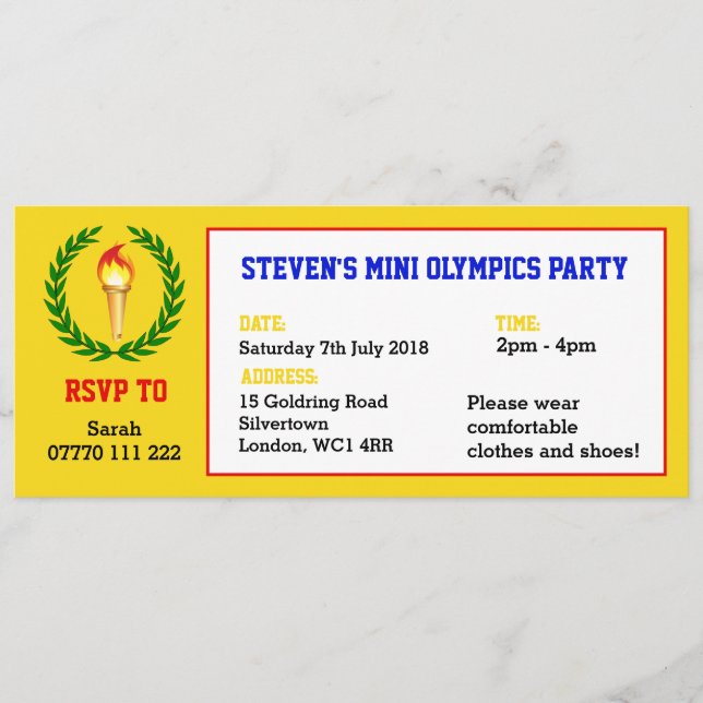 Mini invitación del fiesta de las Olimpiadas (Anverso)